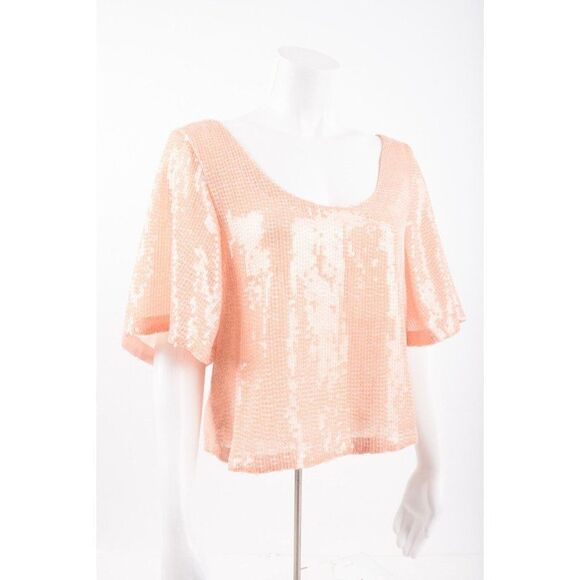 Free People Womens Sequin Top Shirt Blouse Size S Peach Night Fever sparkle NWT - Picture 2 of 6